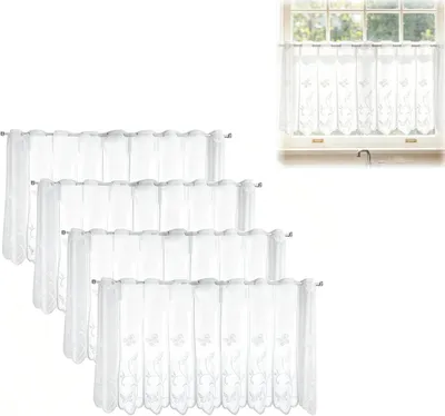 Obrázek produktu pro Záclony – Sada 4 kusů – Záclony do bistra – Do kuchyně – Moderní – Poloprůhledné – Motýl – Krátké závěsy – Bílé – Závěsy do kuchyně – Propouštějící světlo