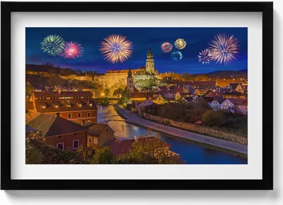 Produktbild von Feuerwerk in Krumau (Tschechische Republik)– Wandbild mit Rahmen – Gerahmtes Bild  – Wanddekoration – 60x40 cm –  Schwarz Rahmen