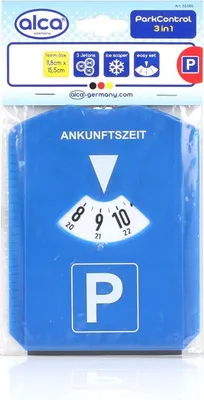 Produktbild von alca® Parkscheibe mit Eiskratzer & 3 Einkaufswagenchips – EU-konform, 3in1 Funktion, 15,5 x 11,8 cm, blau-weiß