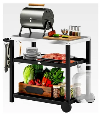 Produktbild von Grillwagen mit 3 Etagen, Arbeitsfläche, Ablagen, Haken und Rädern, Edelstahl BBQ Grilltisch, Beistelltisch für den Außenbereich, Holzkohlegrill für den Garten 102x50x81cm in Kohlegrau