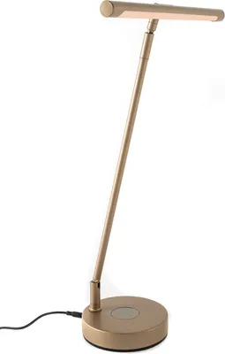 A gold desk lamp with a flexible arm and a flat LED light bar, shown on a white background with its power cord plugged in.