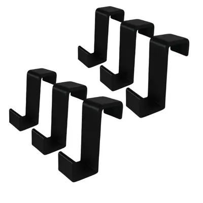 Six black metal hooks are arranged on a white background.