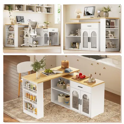 Immagine prodotto di Isola da cucina Merax con piano girevole a 360°, carrello da cucina con spazio contenitivo, bancone con cassetto, credenza con ripiani, tavolo multifunzione, colore bianco