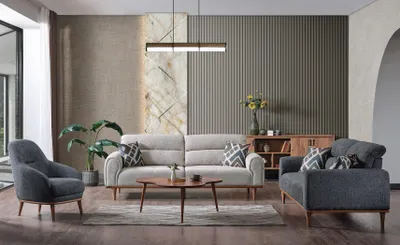 Produktbild von Sofagarnitur 3+3+1 Sitzer Wohnzimmer Set Komplett Textil Sofa Sessel Holz Neu