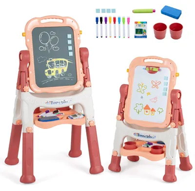 Produktbild von COSTWAY 4-in-1 Kindertafel, Doppelseitige Kinderstaffelei, Höhenverstellbar Maltafel mit Magnettafel, Kreidetafel, Whiteboard & 360° rehbare Tafel, 3+