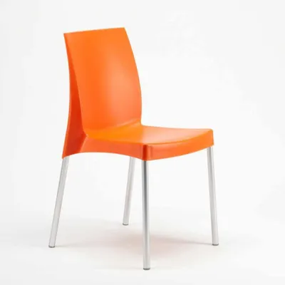 A single orange chair with silver legs is shown against a white background.