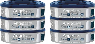 A product shot of six Angelcare refill cartridges stacked in two columns of three.