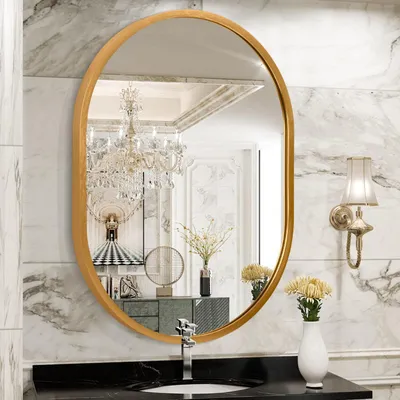 Image de Miroir mural ovale, cadre en alliage d'aluminium doré, dimensions 40 x 30 cm