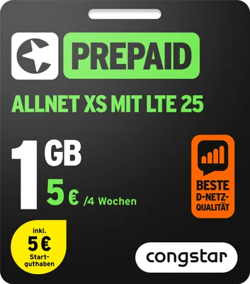 Produktbild von congstar Prepaid Allnet XS: 1 GB Datenvolumen & Flatrate für Telefonie und SMS, 5G-Speed, EU-Roaming