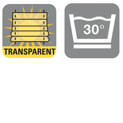 Two icons are displayed side-by-side on a white background. The left icon depicts a sun shining through blinds, with the word "TRANSPARENT" below it. The right icon shows a basin with wavy lines indicating water and the text "30°".