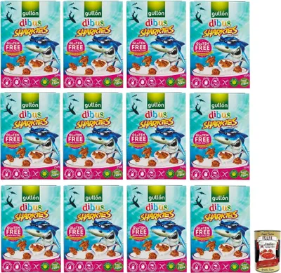 Produktbild von 12x Gullón Gluten Free Sharkies Dibus,Glutenfreie Kinderkekse,Kakaokekse,Packung mit 250g + Italian Gourmet Polpa di Pomodoro 400g Dose