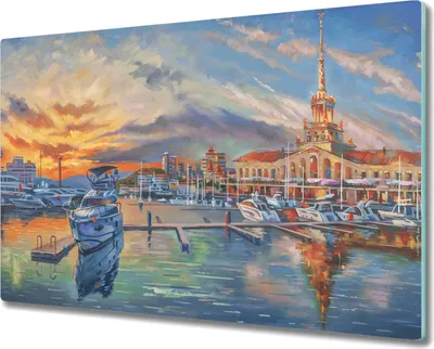 Produktbild von Coloray Hackbrett Küchenbrett Kochplattenabdeckung Schneidebrett Herdabdeckplatte 80x52 cm - Schiffe Sonnenuntergang
