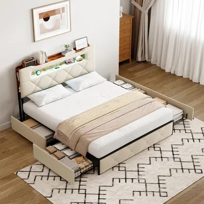 Immagine prodotto di Letto imbottito ProximaX 140×200 cm in beige - Morbido rivestimento in velluto, testata con vano portaoggetti e porta USB, 4 cassetti sotto il letto per un ampio spazio di archiviazione