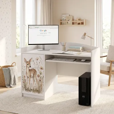 Produktbild von Weißer Kinderschreibtisch mit Schublade und Schrankfach, Schülerschreibtisch für Jungen & Mädchen, PC-Tisch Lerntisch mit Motiv