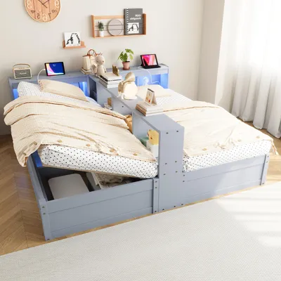 Zdjęcie produktu dla Sofa rozkładana 90/180 × 200 cm, gniazdo elektryczne typu europejskiego, pojemniki na przechowywanie, listwa LED, hydrauliczny mechanizm rozkładania, wielofunkcyjne łóżko z drewna, podwójne łóżko, kolor: szary