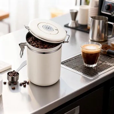 Image de Pot à café en acier – récipient hermétique en acier d'une contenance de 1 800 ml pour les grains de café, avec cuillère doseuse, récipient de cuisine, idéal pour les céréales, le sucre, le thé, la farine et les cadeaux