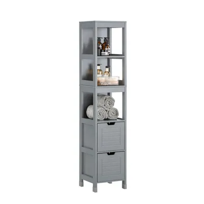 A tall, narrow gray bathroom storage unit with open shelves and two drawers.