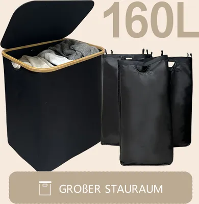 Produktbild von WAOHO skladací kôš na bielizeň s vekom 160 l s 3 priehradkami, odnímateľným vreckom na bielizeň, triedičom bielizne a vodeodolnou oxfordskou handričko