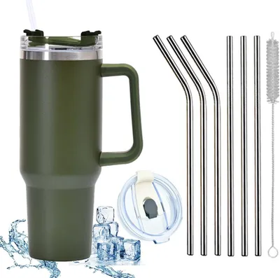 Produktbild von 1200 ML Isolierbecher Edelstahl mit Griff 40 OZ Doppelwandiger Kühlbecher Reisebecher Autobecher mit Strohhalm und Auslaufsicher Becherdeckel, Armeegrün, 9 Stück, 40 OZ