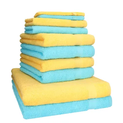 Produktbild von Betz 10-tlg. Handtuch-Set PREMIUM 2 Duschtücher 4 Handtücher 2 Gästetücher 2 Waschhandschuhe  Farbe:  gelb & türkis