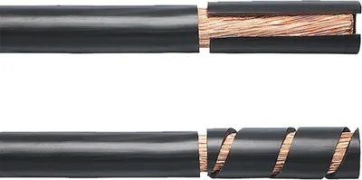 Two views of a cable stripping tool, showing the tool in action on a black cable.