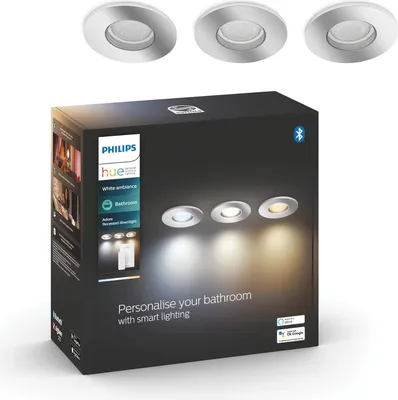 Produktbild von Philips Hue White ambience Adore Badezimmer 3er-Pack Einbauspot chrom+ Dimmschalter, Intelligenter Einbaustrahler, Bluetooth/Zigbee, Chrom, LED, Synthetik, GU10