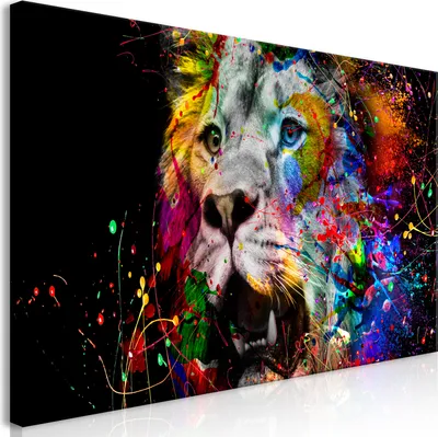 Immagine prodotto di Murale mega XXXL animali 250x125 cm pezzo unico formato XXL stampa d'arte per auto montaggio stampe su tela quadri moderni decorazione murale fai da te decorazione casa leone colorato faccia astratta g-A-0277-ak-e