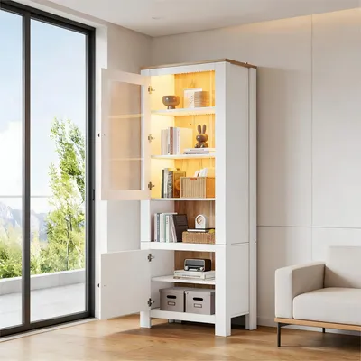 Produktbild von STILVORA Hochschrank Standvitrine mit 2 Türen und 6 Einlegeböden, Glasvitrine mit LED und verstellbaren Böden, Aufbewahrungsschrank mit Rückwand in Naturholzoptik Weiß + Naturholzfarbe