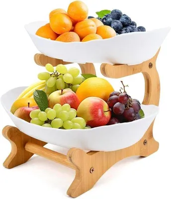Produktbild von Bambooeetagère mit weißen Servierschalen für Obst, Kuchen und Süßigkeiten