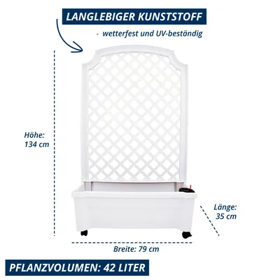 Produktbild von KHW Pflanzkasten "Calypso" mit Bewässerungssystem, Spalier und Rollen  79 cm x 35 cm x 134 cm, Farbe Weiß