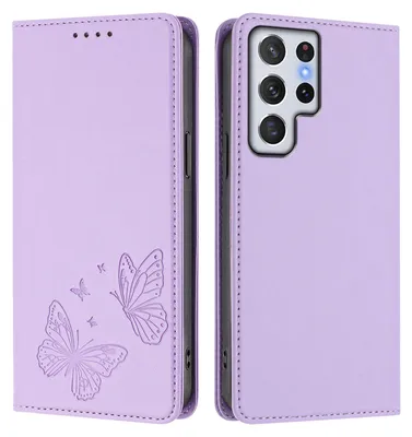 Obrázek produktu pro Kožené pouzdro pro Samsung Galaxy S22 Ultra 5G, motýlí ražbou, peněženkové flip pouzdro se stojánkem Světle fialová