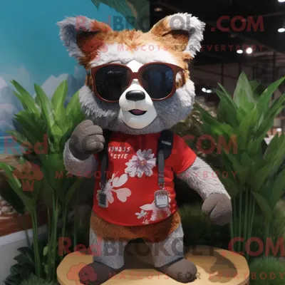 Produktbild von Grauer REDBROKOLY Roter Panda Maskottchen Kostüm Charakter gekleidet mit einem Strampler und Sonnenbrille