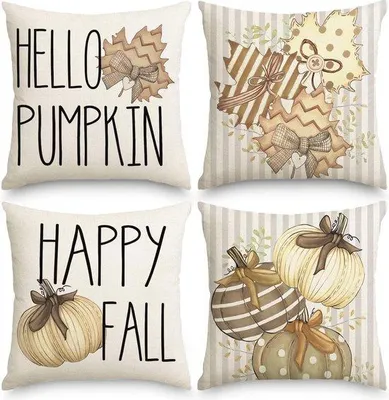 Produktbild von Set mit 4 Herbstkissenbezügen, 45x45 cm - Kürbis-Dekoration für Halloween und Thanksgiving