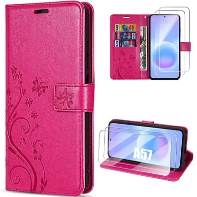 Image de Coque + 2 Verres Trempés pour Samsung Galaxy A57 5G, Effet Cuir Anti-Rayures Fuchsia Motif Floral