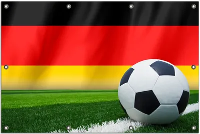 Produktbild von Wallario Outdoor-Poster für Garten oder Balkon, Motiv Fußball vor einer Deutschlandflagge, in ca. 80 x 120 cm