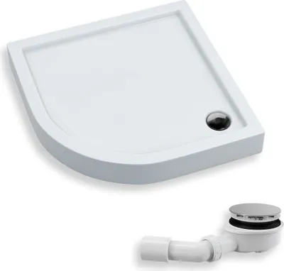 A white quarter-circle shower tray and a white drain assembly are shown against a white background.