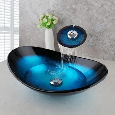 Produktbild von Aufsatzwaschbecken aus Glas mit Wasserfallarmatur, Blau, 55 cm