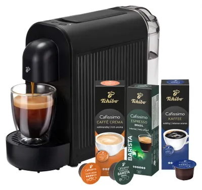 Produktbild von Tchibo Cafissimo NOW Kaffeemaschine Kapselmaschine inkl. 30 Kapseln für Caffè Crema, Espresso und Kaffee | 0,67 l | 1250 Watt | 11,4 x  33,7 x 23,5 cm | Schwarz