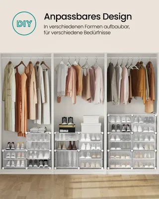 Produktbild von Schuhregal, Schuhschrank mit 16 Fächern, für Garderobe, Eingangsbereich, für bis zu 64 Paar Schuhe, weiß-transparent