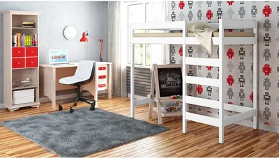 A child's bedroom with a loft bed, desk, chair, and bookshelf.