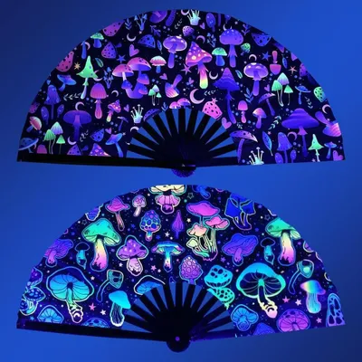 Productafbeelding van Handwaaiers 2 stuks - Opvouwbare waaiers - Dans en decoratie - UV-licht gloeiend patroon - 63 cm geopend - Meerkleurig