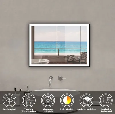 Produktbild von LED Spiegel Schwarzer Rahmen Badspiegel mit 70X50cm Warm/Neutral/Kaltweiß Dimmbar Memory Touch/Wandschalter Beschlagfrei Wandspiegel 1 hour automatische Abschaltung