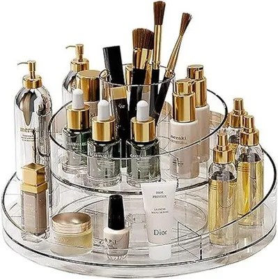 Zdjęcie produktu dla Uniqoos® Organizer do kosmetyków, obrotowy o 360° – Akrylowe pudełko na kosmetyki z uchwytami na pędzle, duża przestrzeń do przechowywania perfum, biżuterii, idealne do łazienki, sypialni i biura