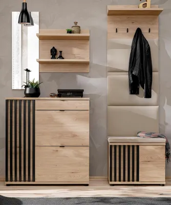 Produktbild von Garderobe Set 4-teilig "Collin" in Jackson Eiche und schwarz Garderobenkombination mit 3-D Lamellen, inklusive Sitzkissen