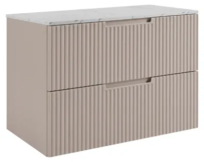 Produktbild von RODAN | Waschbeckenunterschrank 80 cm - Kaschmir - Geriffelte Fronten - Hängender Waschtisch - Soft-Close - Arbeitsplatte in Weißmarmoroptik