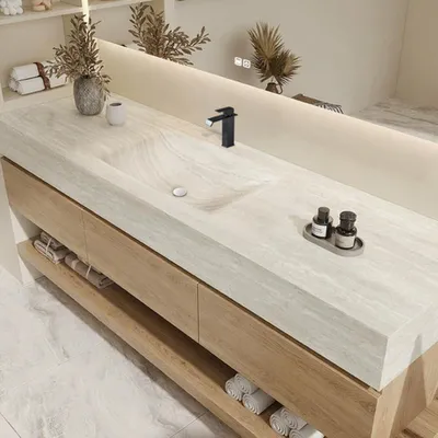 Produktbild von Wandhängendes Waschbecken-Set - Sinterstein - Travertine look,  mit Spiegel, Unterschrank, Ablage & Ablauf, mit Armaturenloch 120×55 cm【RW9865-120 K】