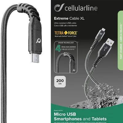 Produktbild von Cellularline Tetra Force Cable 200cm - MICRO USB, 2 m, USB A, Micro-USB B, Schwarz