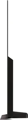 A side profile of a black television on a stand, against a white background.