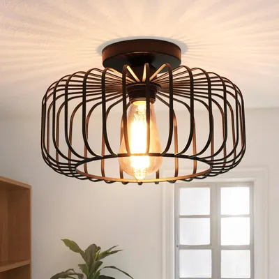 Produktbild von Deckenleuchte Modern Schwarz Metall Deckenlampe E27 Fassung Runde Lampenschirm mit LED Glühbirne für Wohnzimmer Schlafzimmer Esszimmer Flur