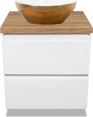 Produktbild von VBChome Badmöbel 60 cm Weiß Aufsatzwaschbecken Gold-Weiß 41x35 cm Aufsatzwaschtisch mit Waschbeckenunterschrank 2 Schubladen Moduo Badezimmerschrank